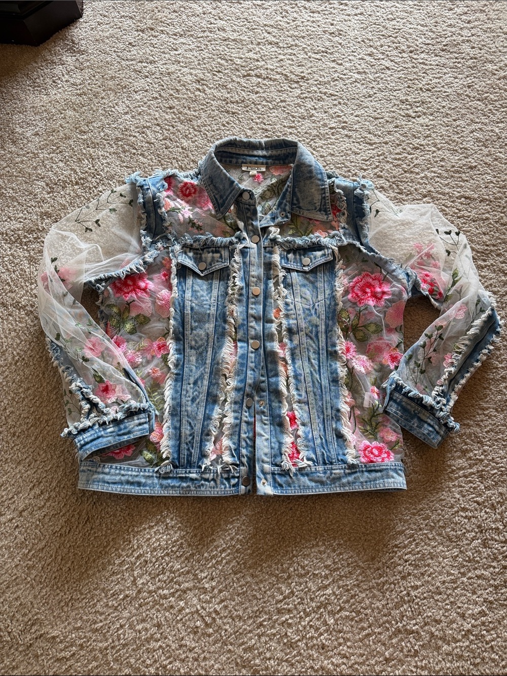 Paris Light Wash Denim Jacket with Pink Floral Embroidered Sheer Sleeves